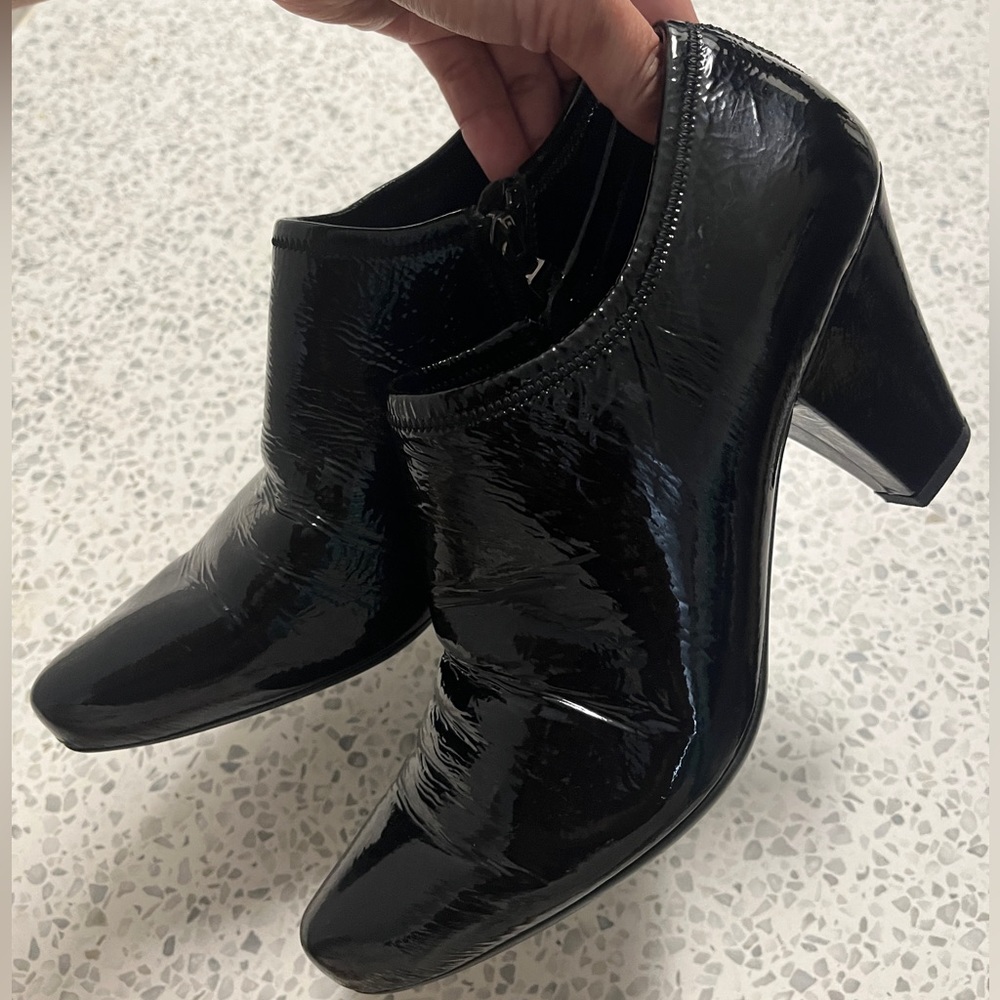 PRADA Patent Bootie Heel Wedge Pointy Shoes Italy Boots Leather Vintage Ankle